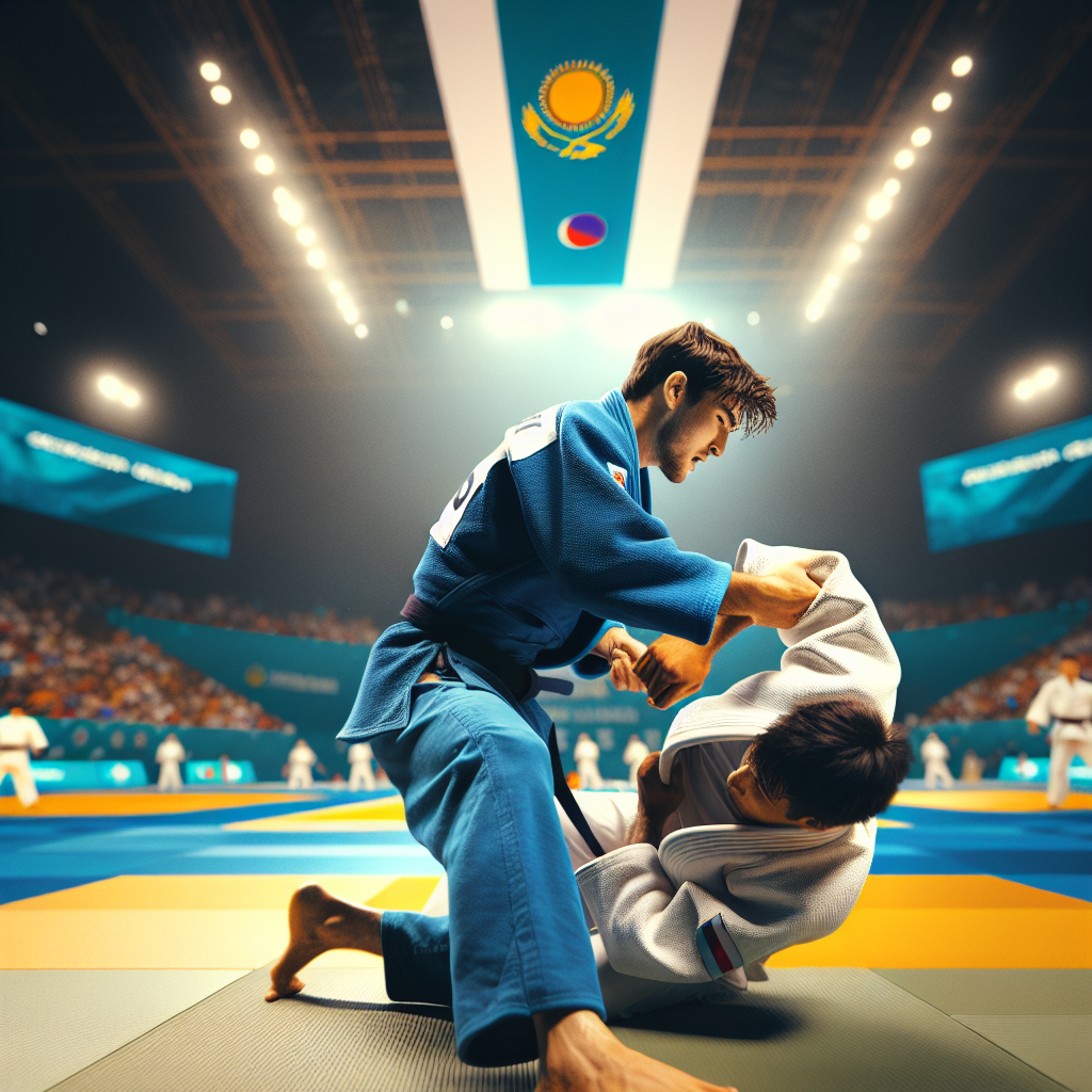 Казахстанский дзюдоист выполняет мощный бросок на Чемпионате мира 2025, решительный взгляд
