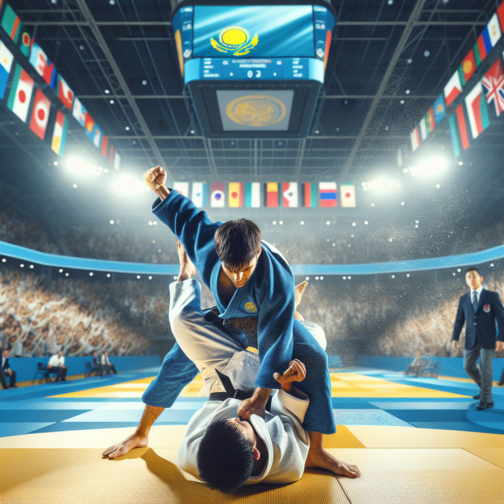 Kazakhstan judo gold at Aktau Asian Open 2025, dynamic throw under spotlights