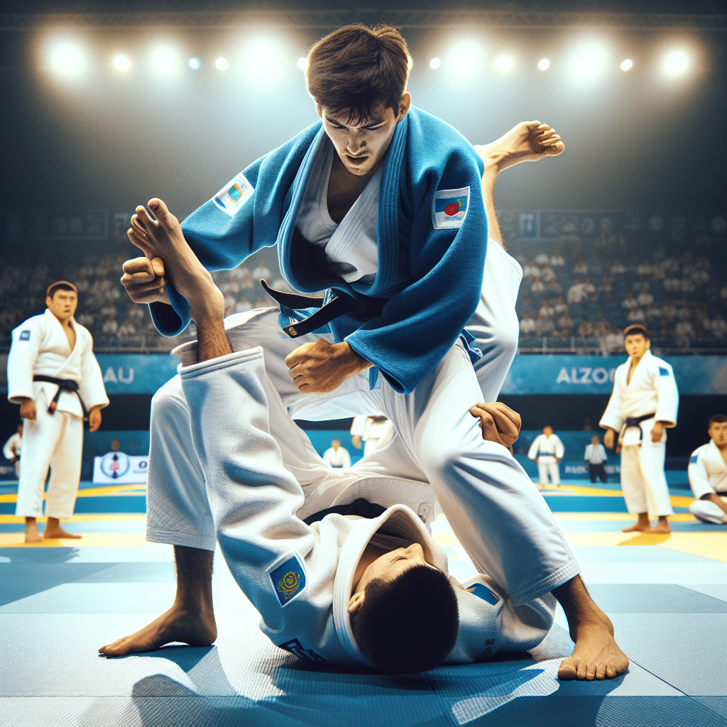 Казахстанские дзюдоисты сборной тренируются перед Азиатскими играми 2025, динамичный момент на татами